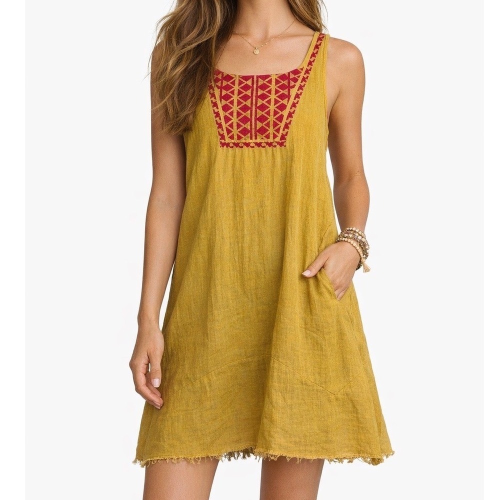 THML Boho Embroidered Dress Mustard Yellow Sleeveless Raw Hem Flowy Mini Medium